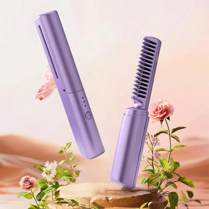 Mini Plancha De Pelo Recargable 2en1 Cepillo y Rizador